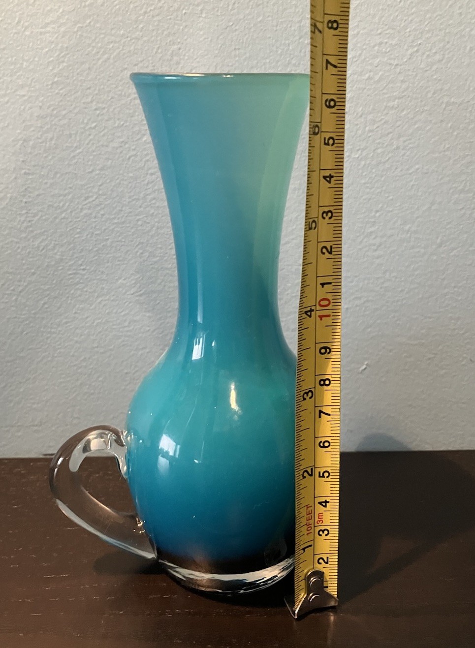 Vintage MCM Teal Hand Blown Glass Vase With Handle Excellent Condition