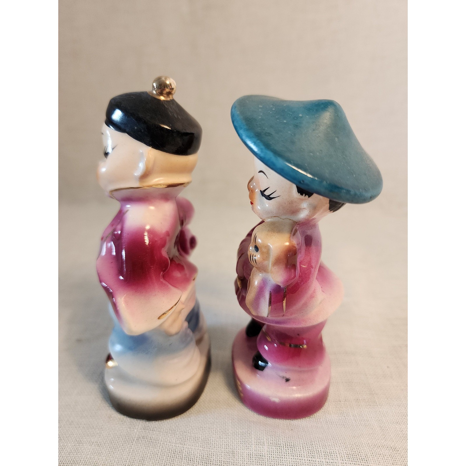 Kitschy Asian Boy and Girl Figurines with Bunny Rabbit and Puppy Dog, Set of 2