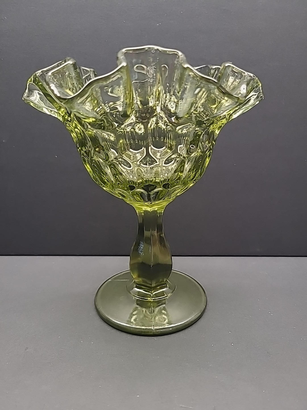 Fenton Thumbprint Colonial Green Compote Ruffled Rim Green 6″ Tall