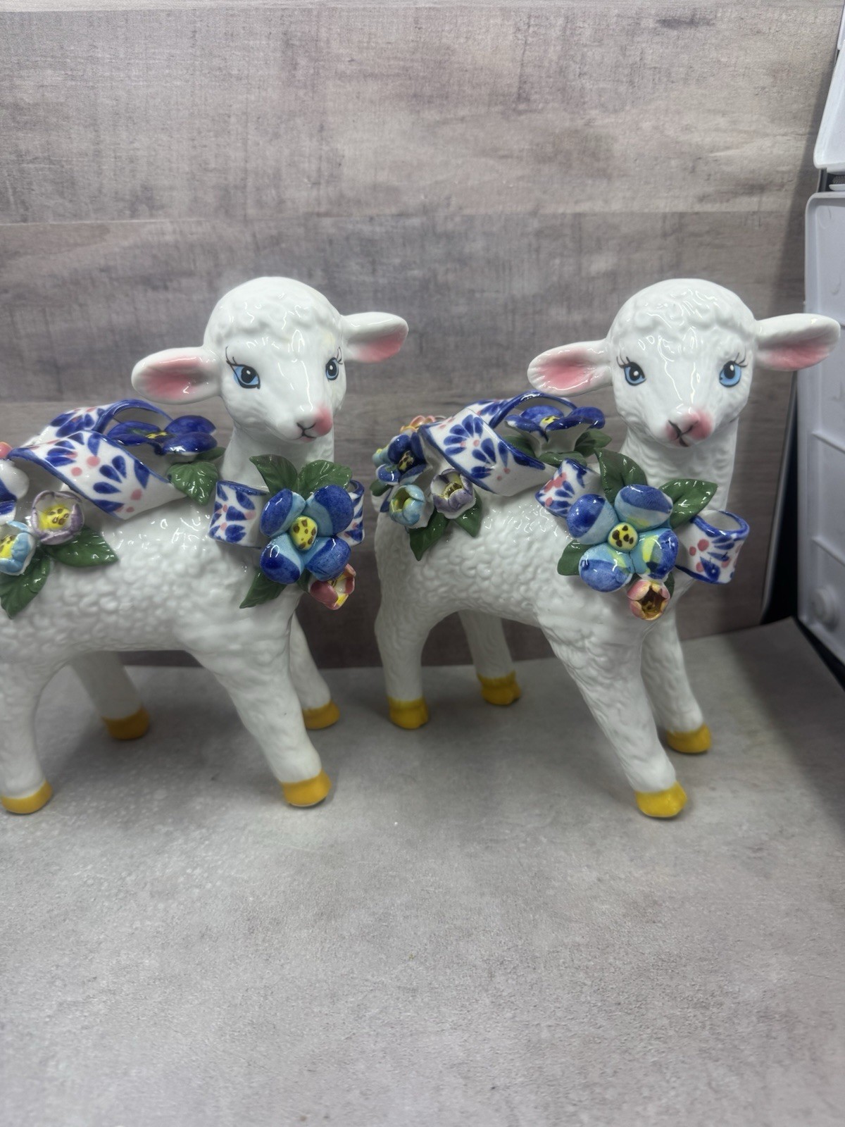 Vintage Porcelain LAMB Figurine Hand-Painted Flowers Capodimonte Style Set Of 2