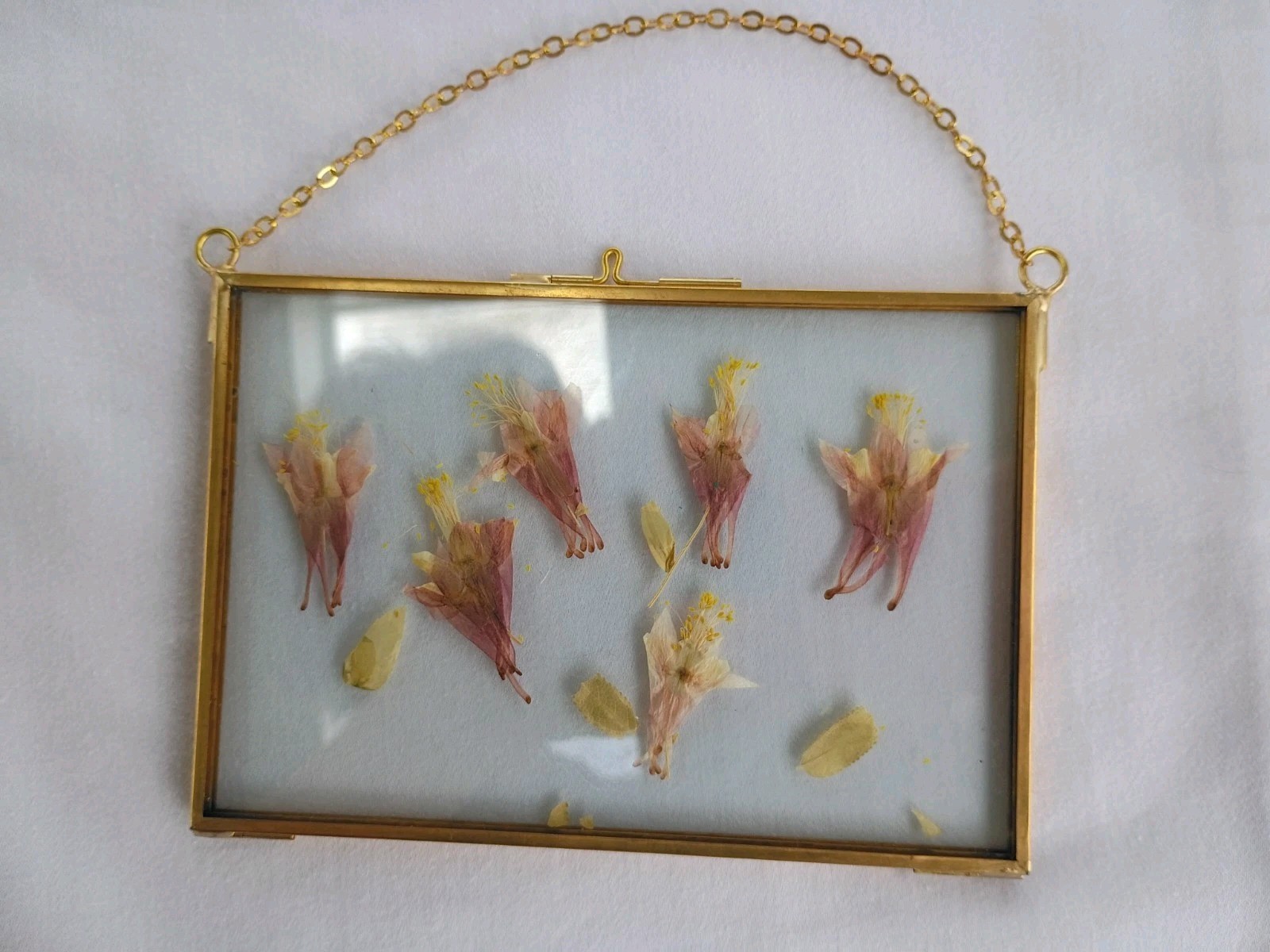 Vtg Hinged Hanging Brass Frame Pressed Flowers