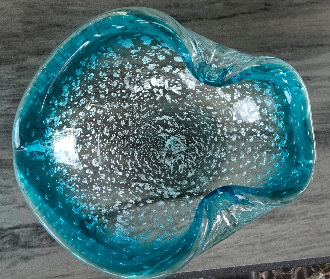 MCM Alfredo Barbini Murano Art Glass A Bolle Bubble Silver Leaf Ashtray Bowl