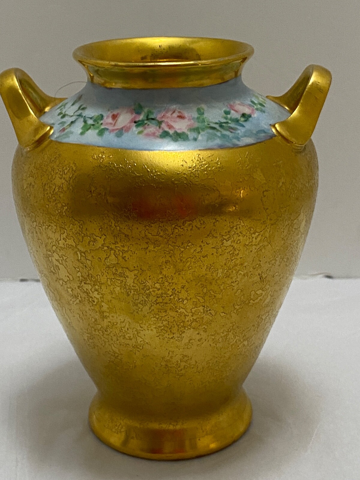RS Germany VASE Gold Hand Painted Signed Handled Pink Roses Antique 6″ Holman