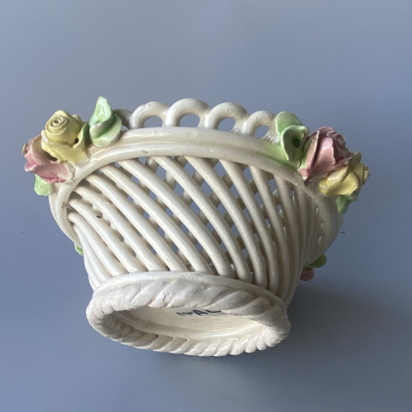 Vintage Italy Lattice Porcelain Woven Basket Bowl Trinket Dish With 3D Roses