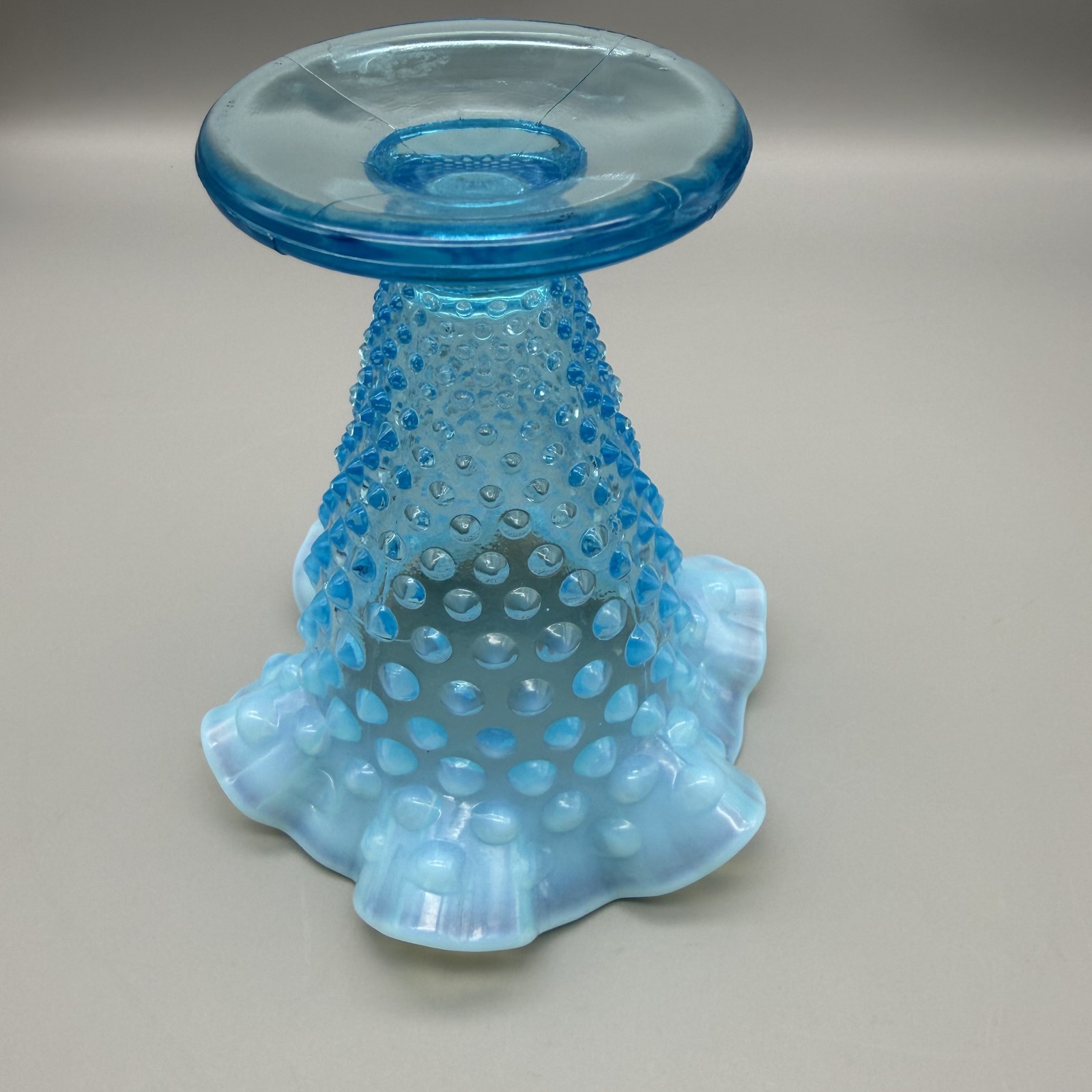Fenton Blue Opalescent Hobnail Vase Ruffled Art Glass Decorative Flower Holder