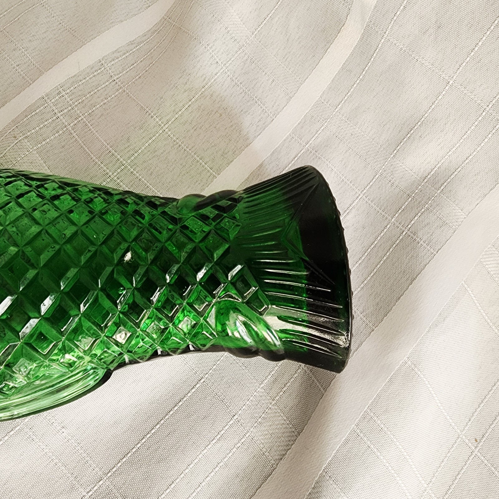 Vintage Green Glass Fish Shaped Wine Bottle Decanter Scales 13″ T F Mark