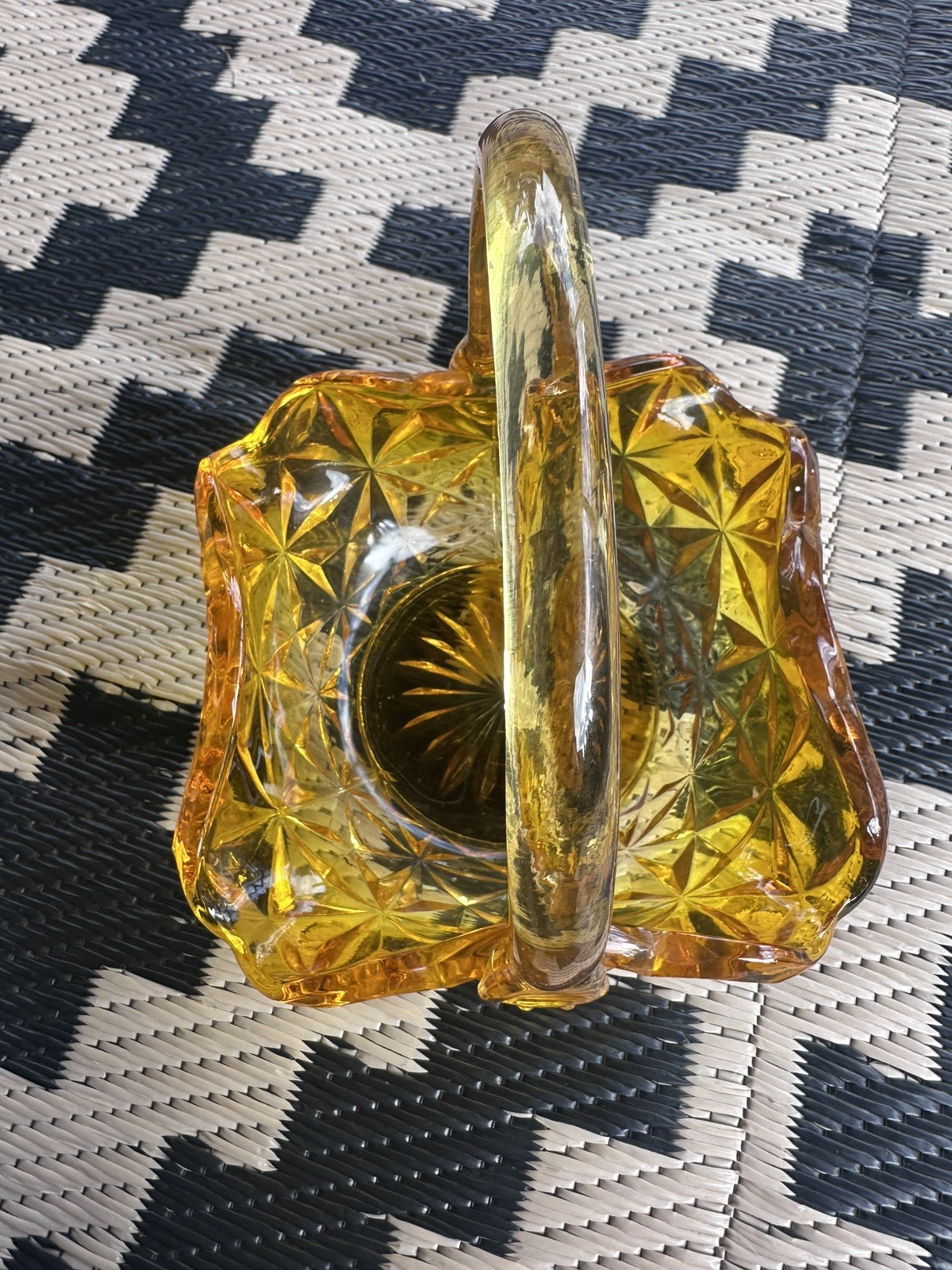 Indiana Glass Monticello Pattern Yellow Mist Amber Handled Basket Candy Dish Vtg