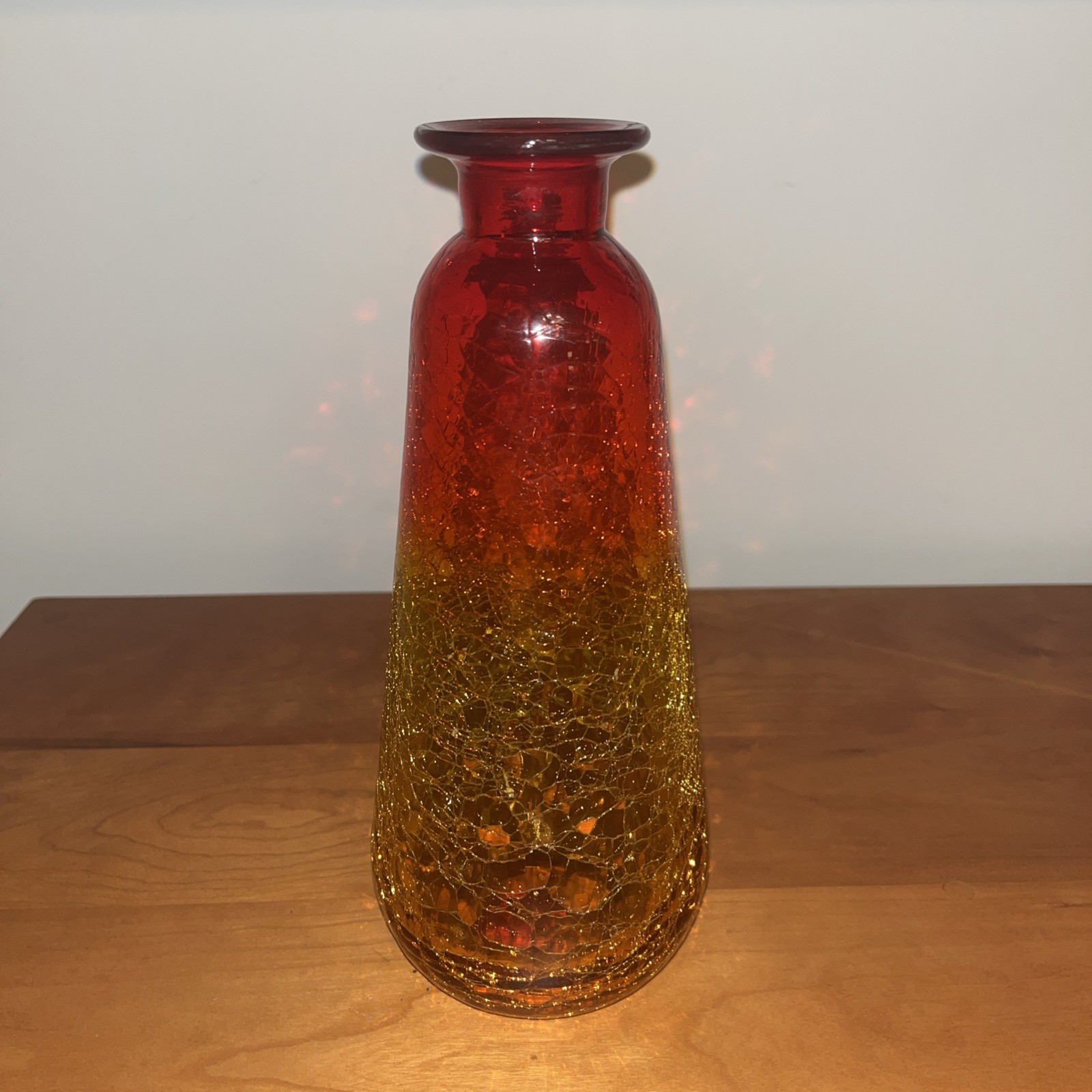 Mid-Century Amberina Or Tangerine Crackle Glass 9.5 Inch Vase. Gorgeous.