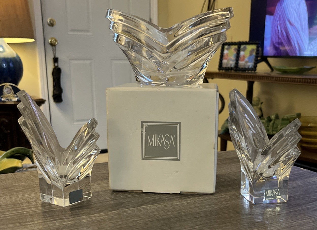 Mikasa Deco 6.5 Inch Crystal Bowl & 2 Matching Taper Candle Holders Set NIB New