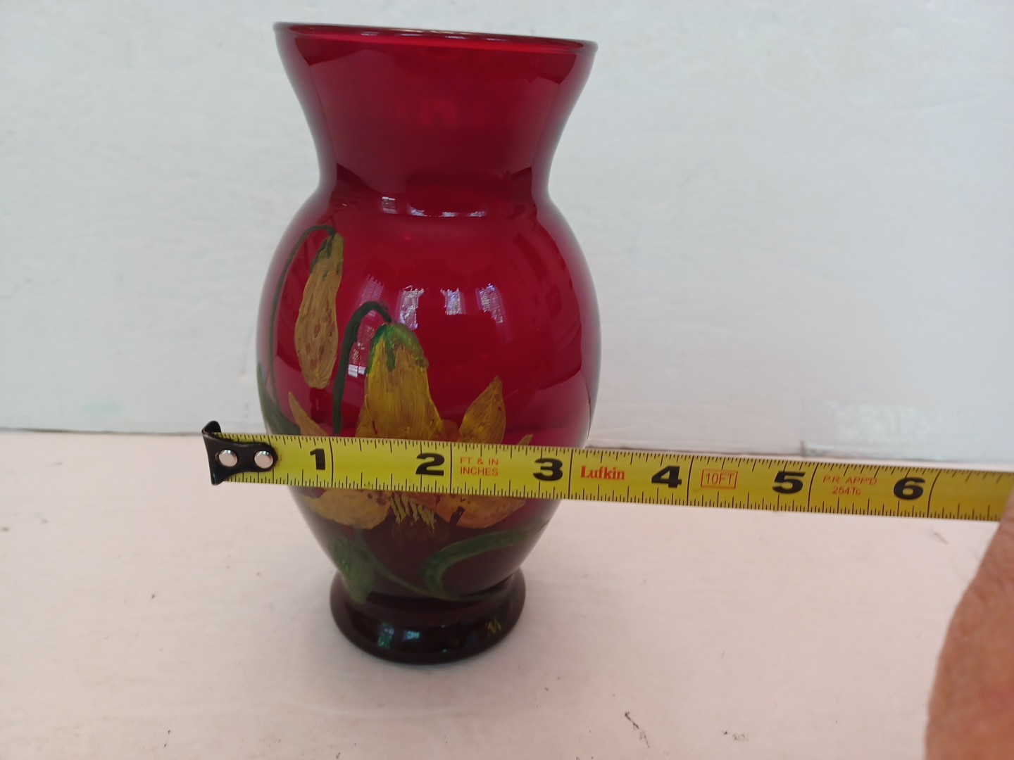Ruby Red Hand Painted “Floral Lily” Glass Vase 6.5″ Tall Unmarked Used