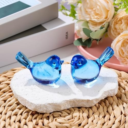 Qianwei 2pcs Blue Glass Birds Figurine Handmade Blown Crystal Home Decor | Cr…