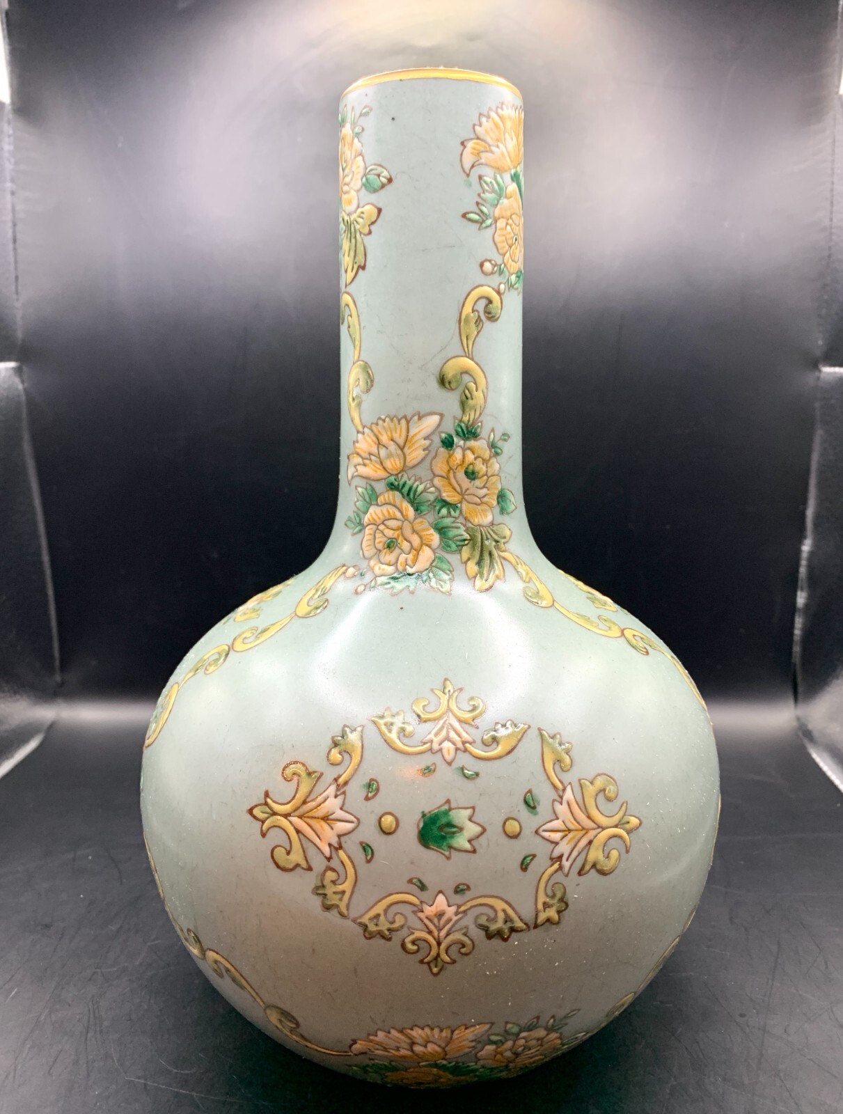 Porcelain Vase Celestial Sphere Hand Painted Celadon Chinese Vintage 10.25″ T