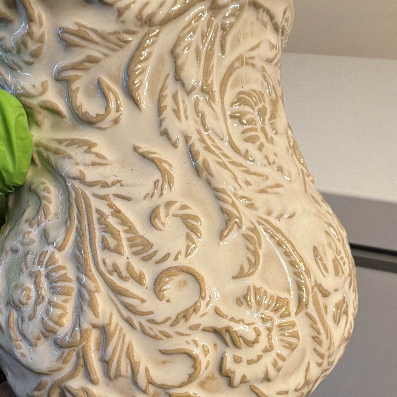 Umbria Ceramic Floral Embossed Decorative Basket Handle White/Beige 9” 9702