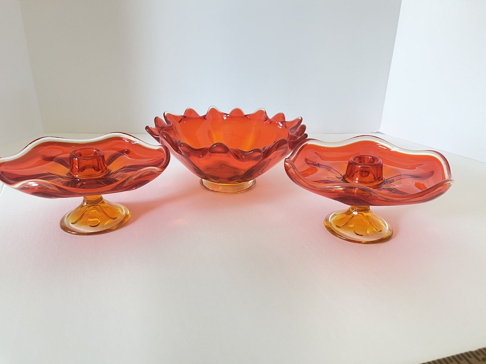 Amberina glass Candle Stick And Compote Bowl Viking Mcm Orange Yellow