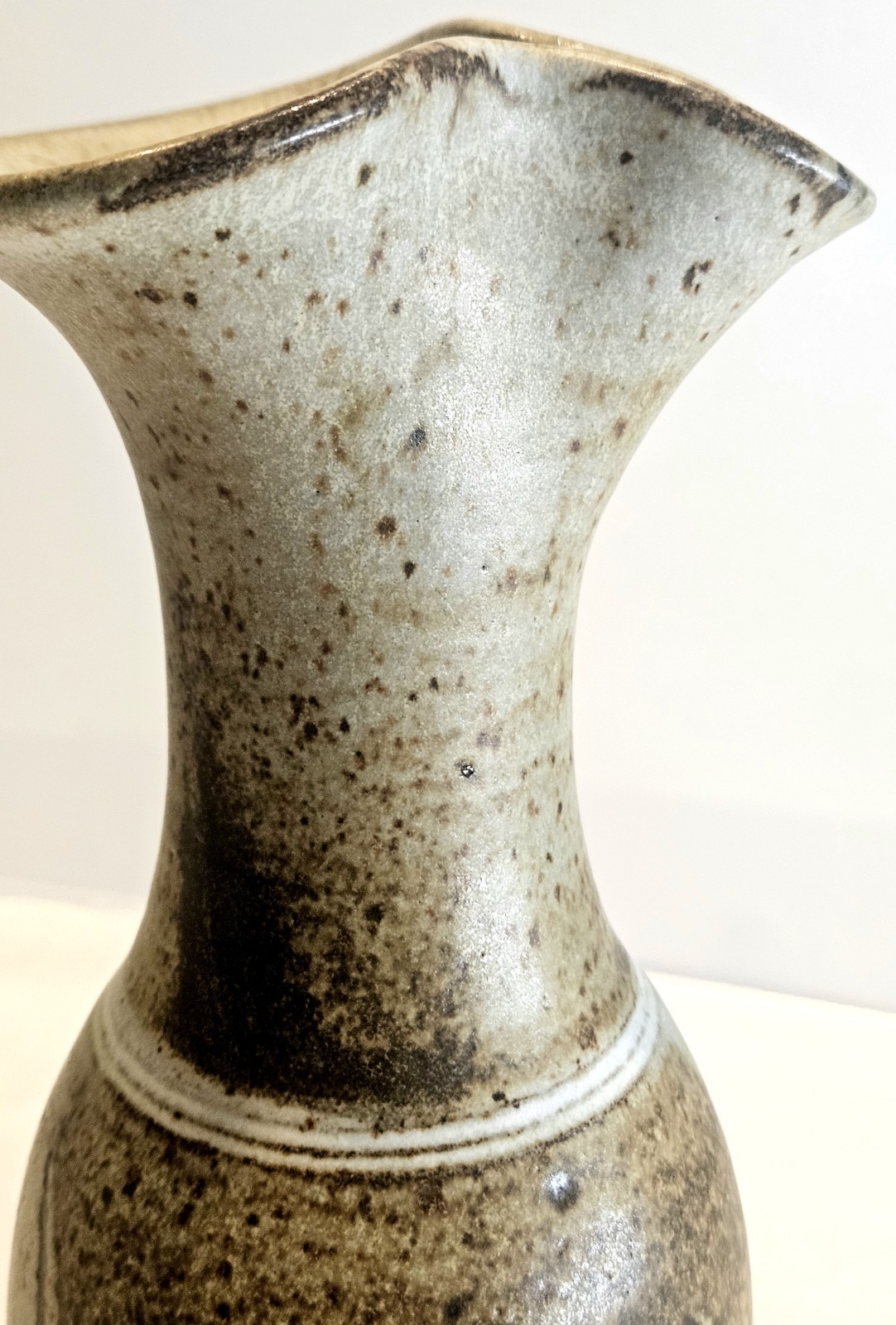 Vintage 1980 Studio Pottery Vase 11” Stoneware Bottle Form Flared Rim Earth Tone
