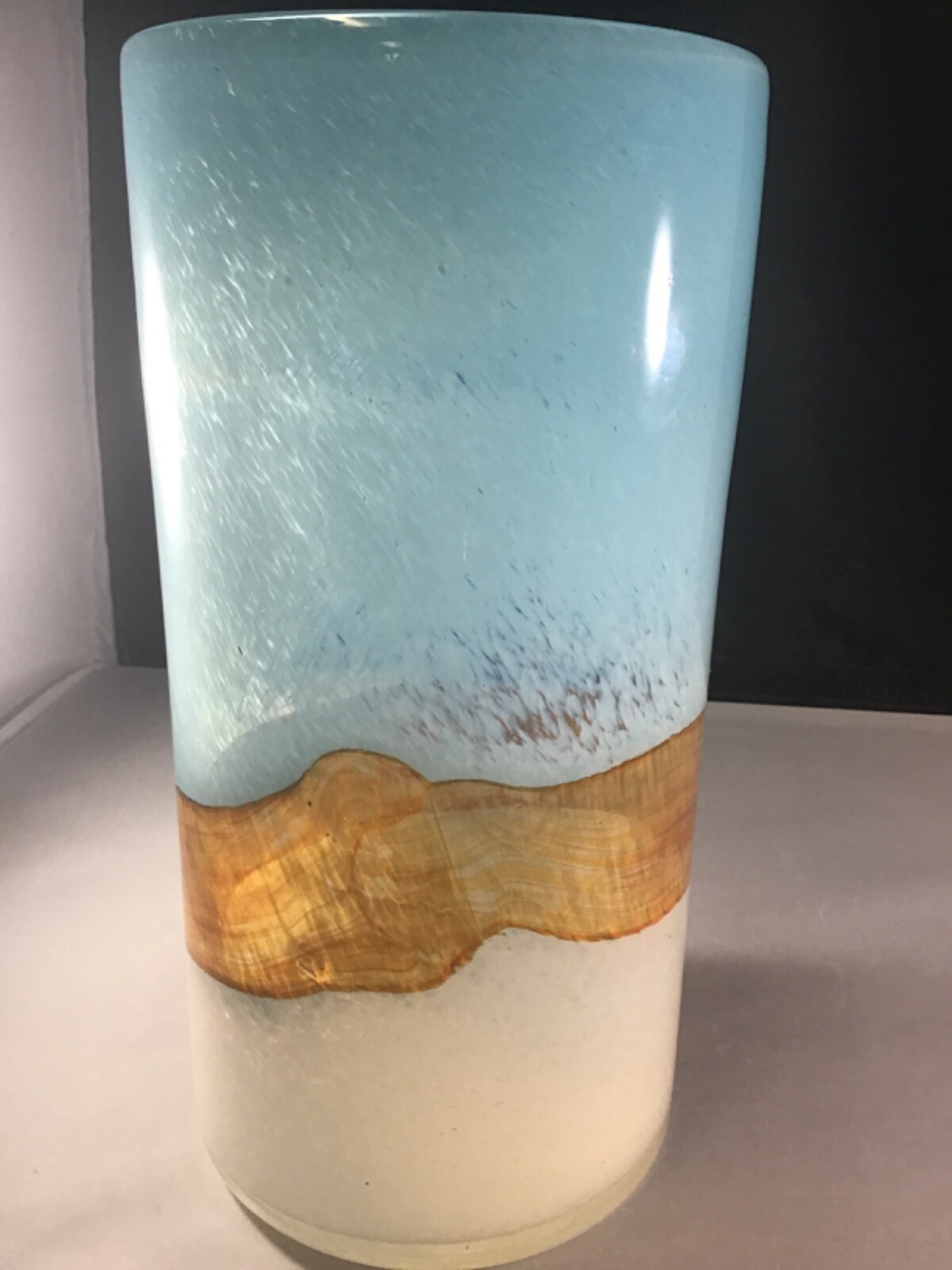 Beautiful art glass vase 10in powder blue brown and cream