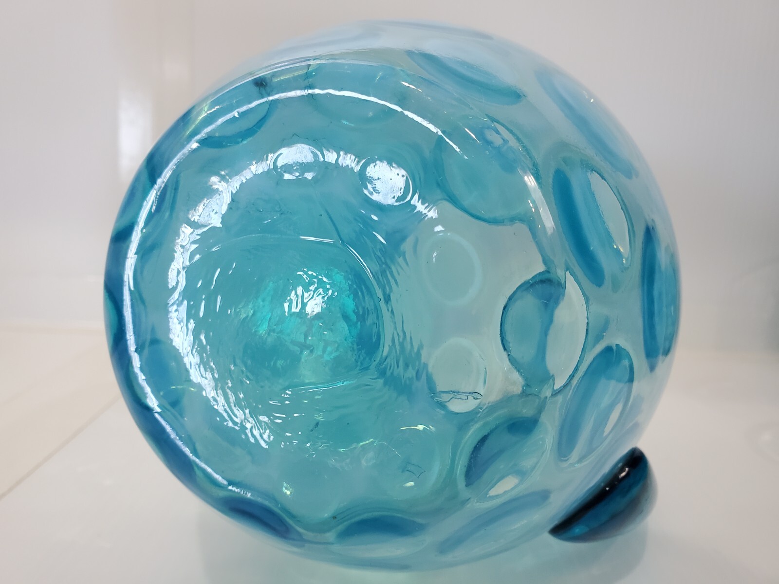 7 PC -OPALESCENT AQUA BLUE WATER COINSPOT RUFFLE TOP PITCHER & 6 GLASSES