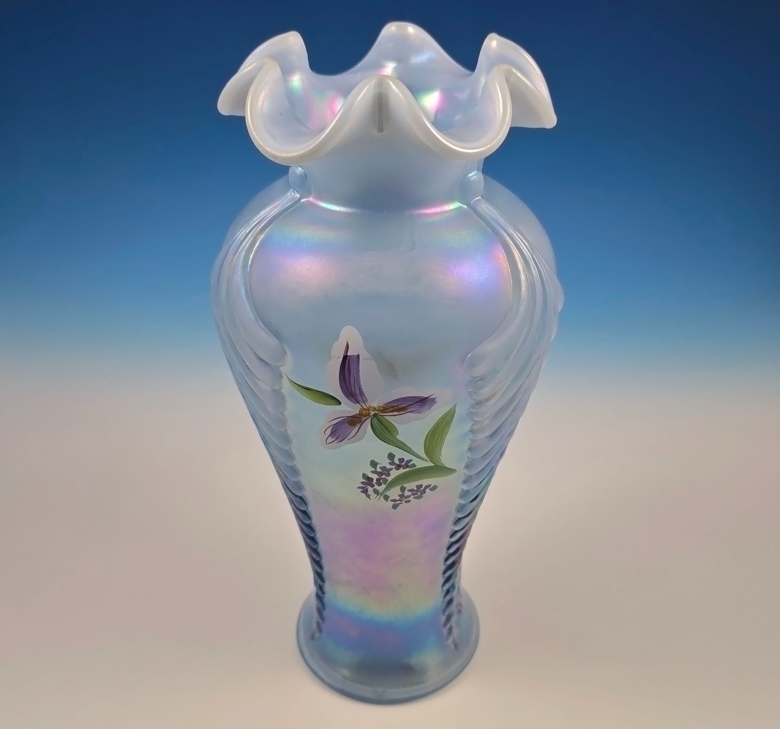 Fenton 1997 Irises on Misty Blue Satin Tall Feather Vase 2782 Iridescent 11″