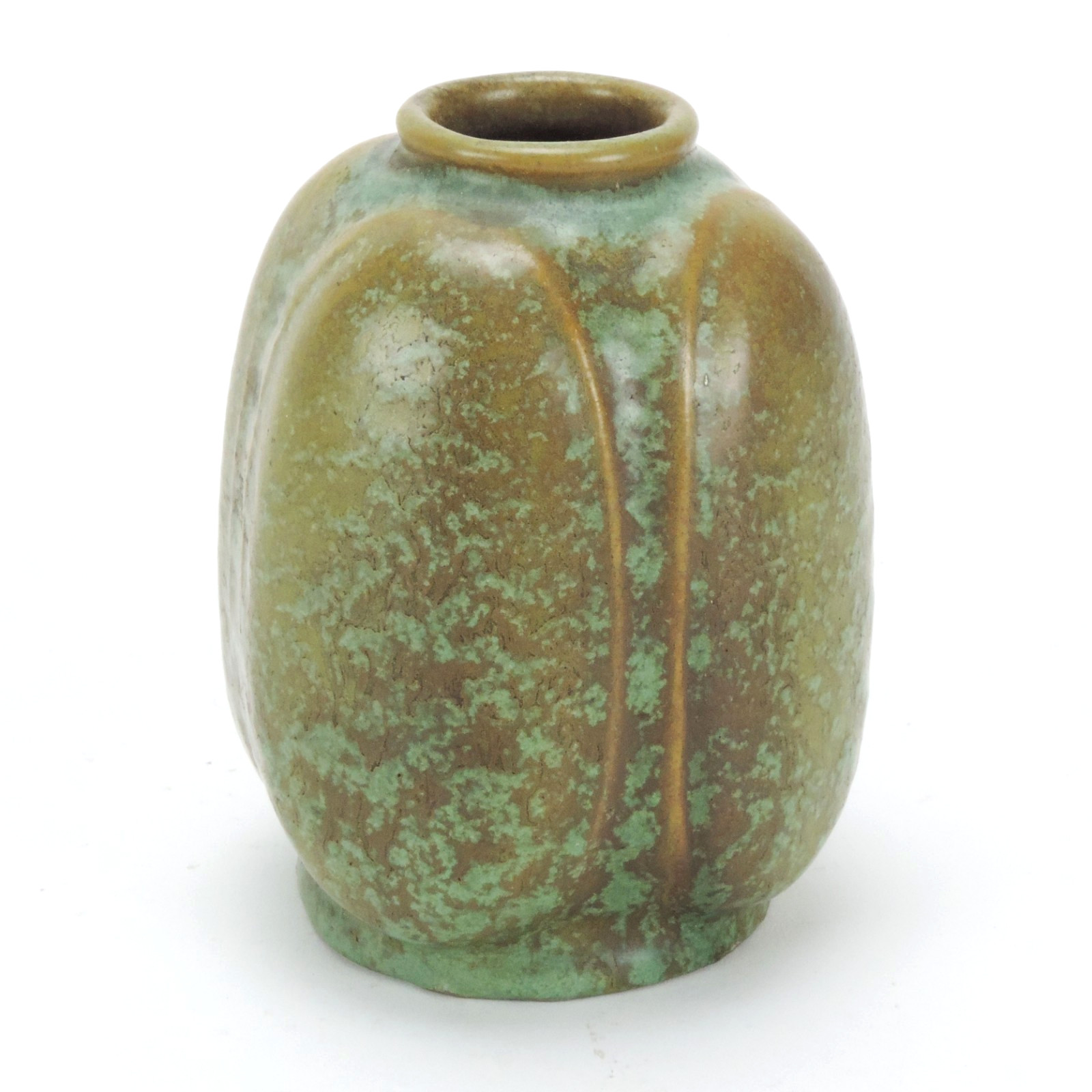 Chicago Crucible green brown mottled glaze 4 7/8″ lobed form vase arts & crafts