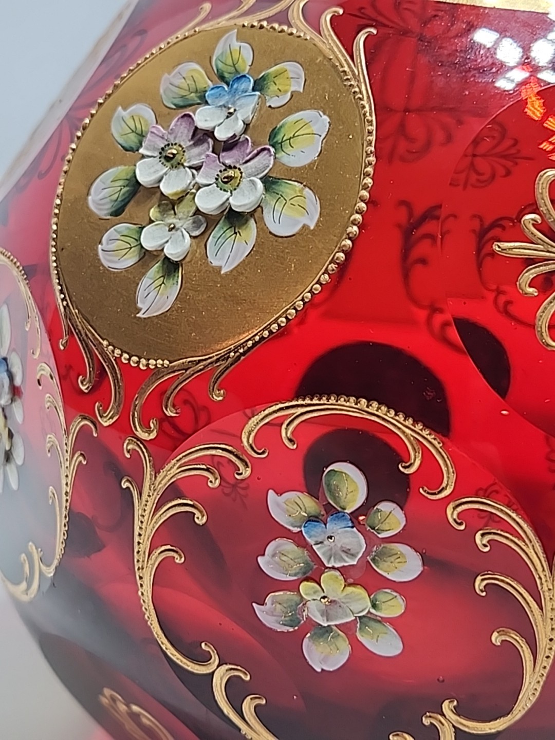 Beautifull Bohemian Ruby Red Gold Hand Painted Large Glass Vase With 3d Flowers
