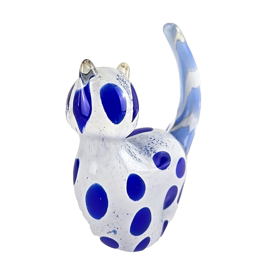 Hand Blown Art Glass White Cat Blue Spots Paperweight Figurine Heavy Glass