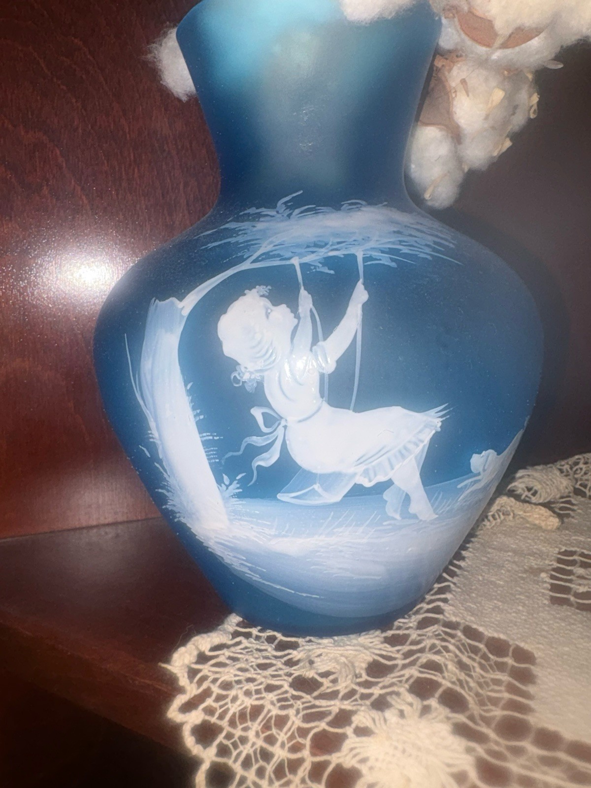Blue & White Decorative Vase with Girl on swing Silhouette Fantasy Theme Design