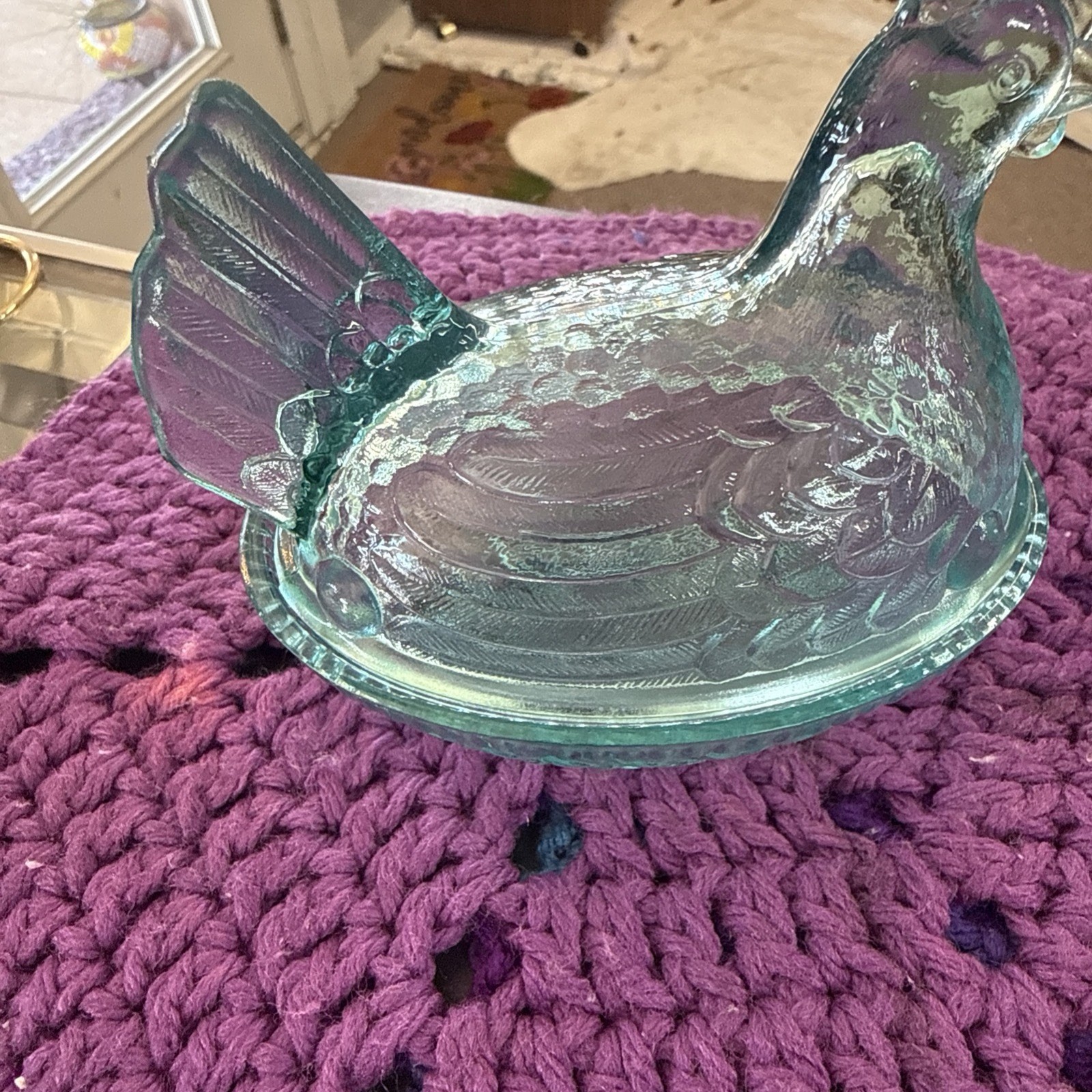 Vintage Aqua Blue Glass Hen on Nest Covered Dish 5″ Manganese UV Glow Chicken