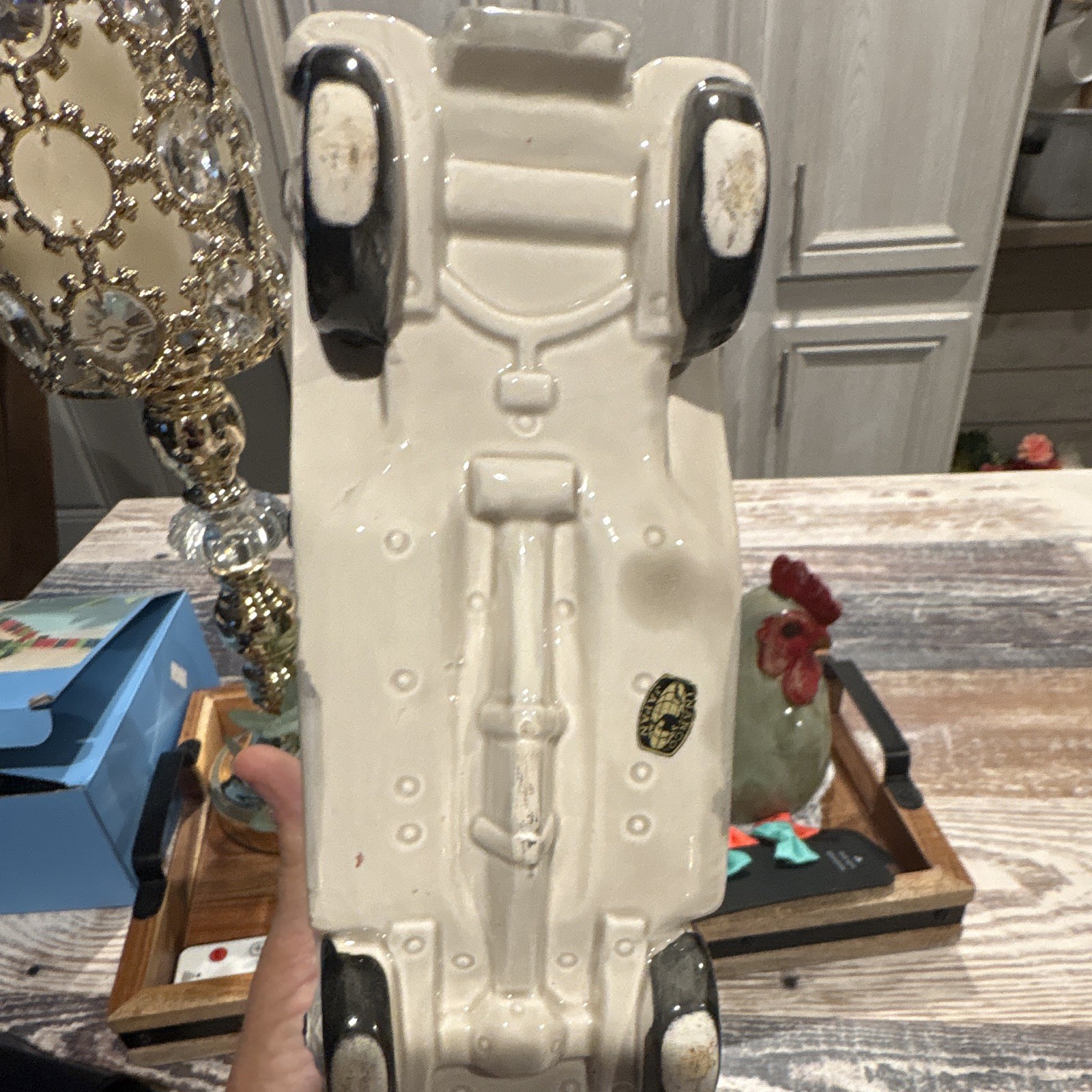 Ceramic Art Deco Car-Shaped Planter, Ivory/Black Glossy Open Top