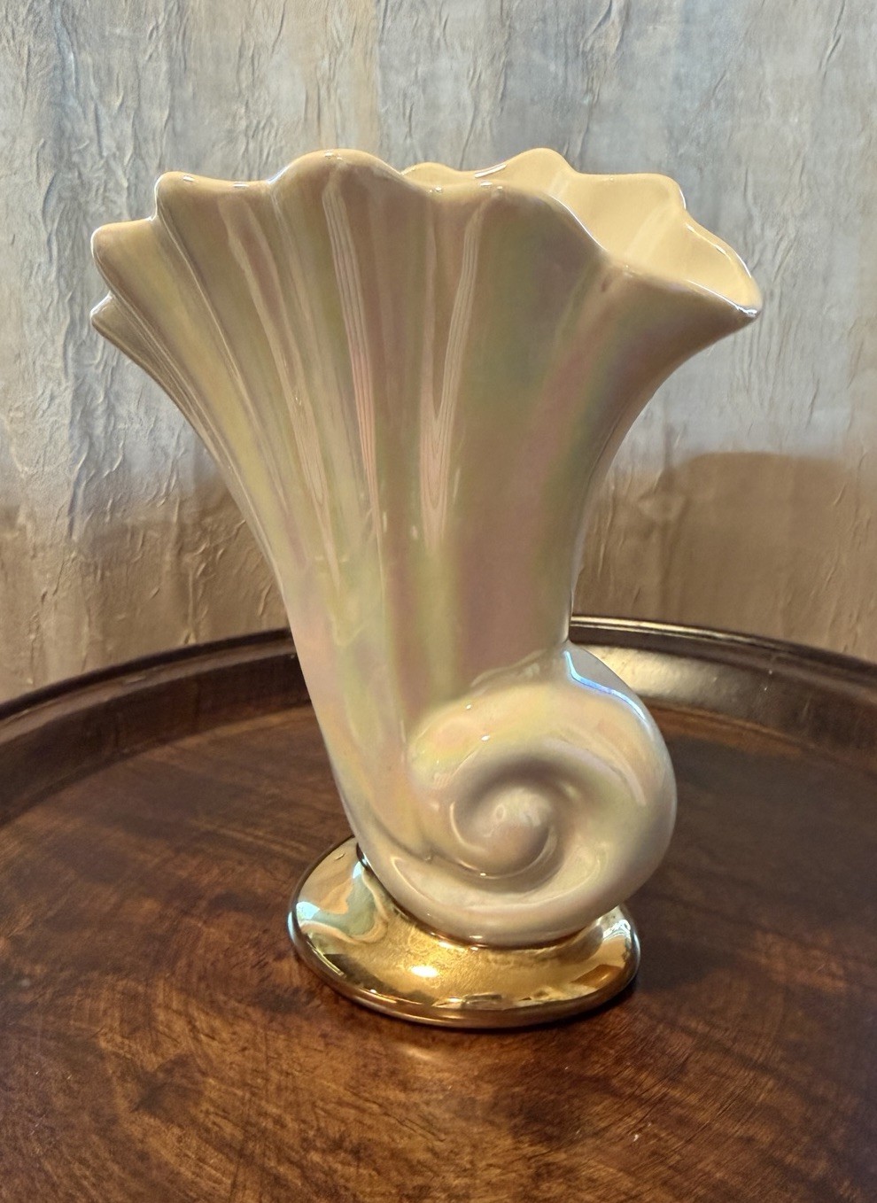 Unmarked Iridescent White Fluted Ceramic Vase Glossy Gold Base Signed 7 in