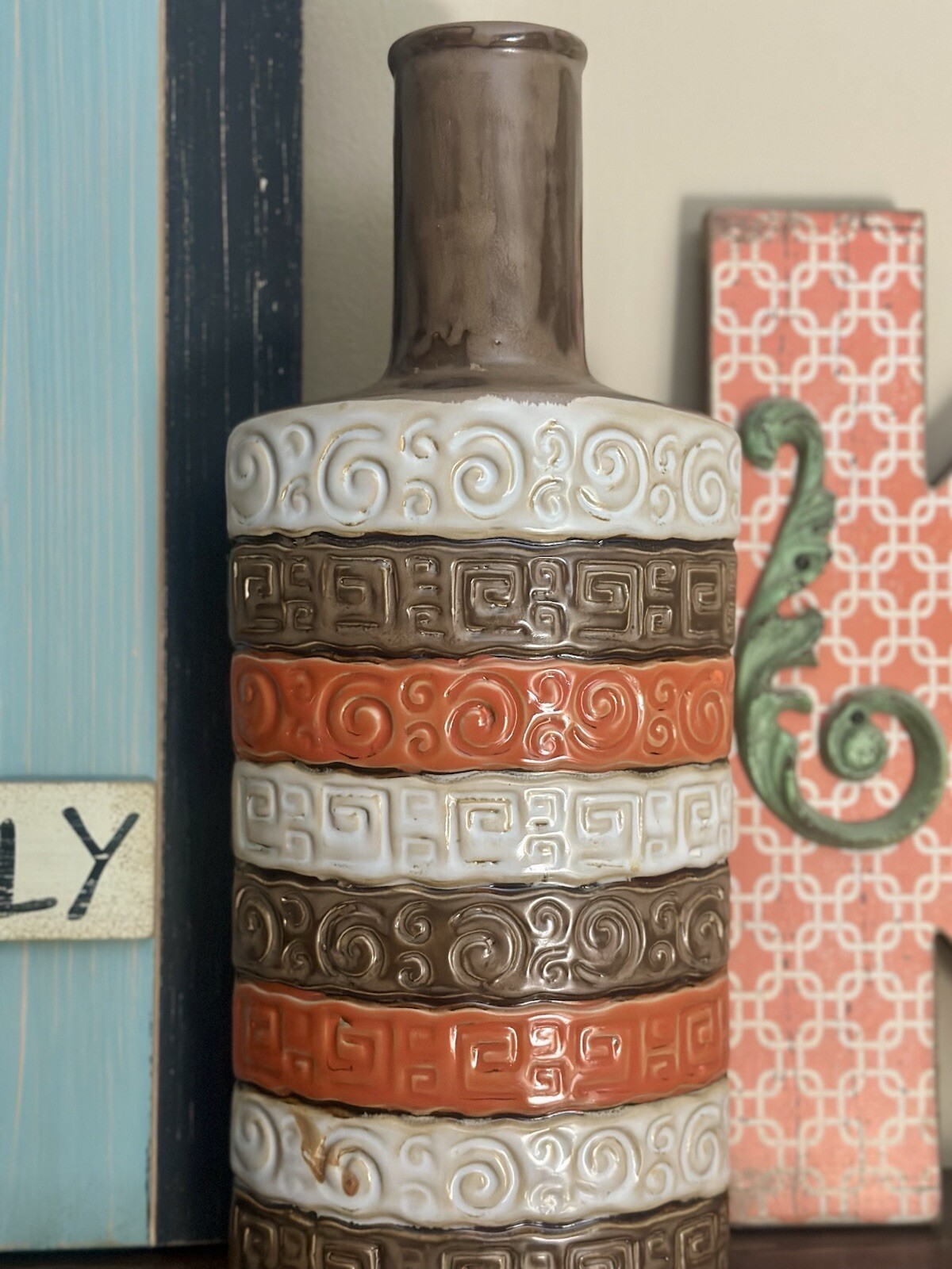 Embossed Geometric Patterned Ceramic Glazed Decorative PotteryVase13″Earth Tones
