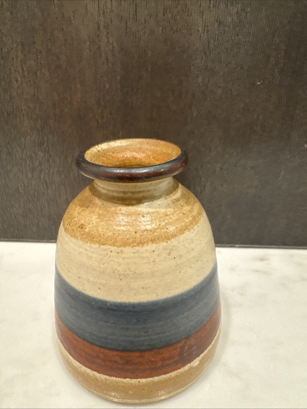 Vintage Art Pottery Hand Thrown Hand Painted Bud Vase Blue/Maroon Style 3.50” H