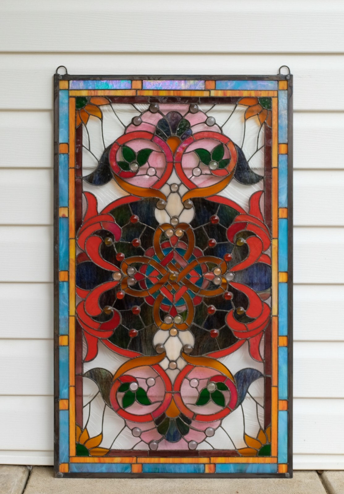 20.5″W x 34.75″H Handcrafted Jeweled stained glass window panel.