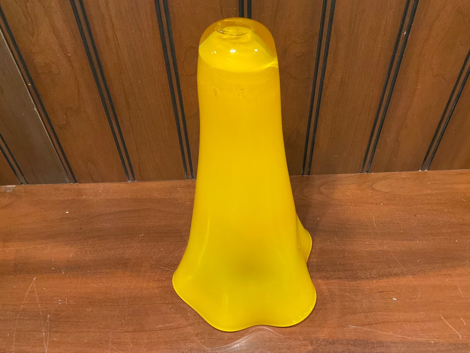 Vintage Handkerchief Ribbon Vase Canary Yellow Hand Blown Glass 10.5” Tall