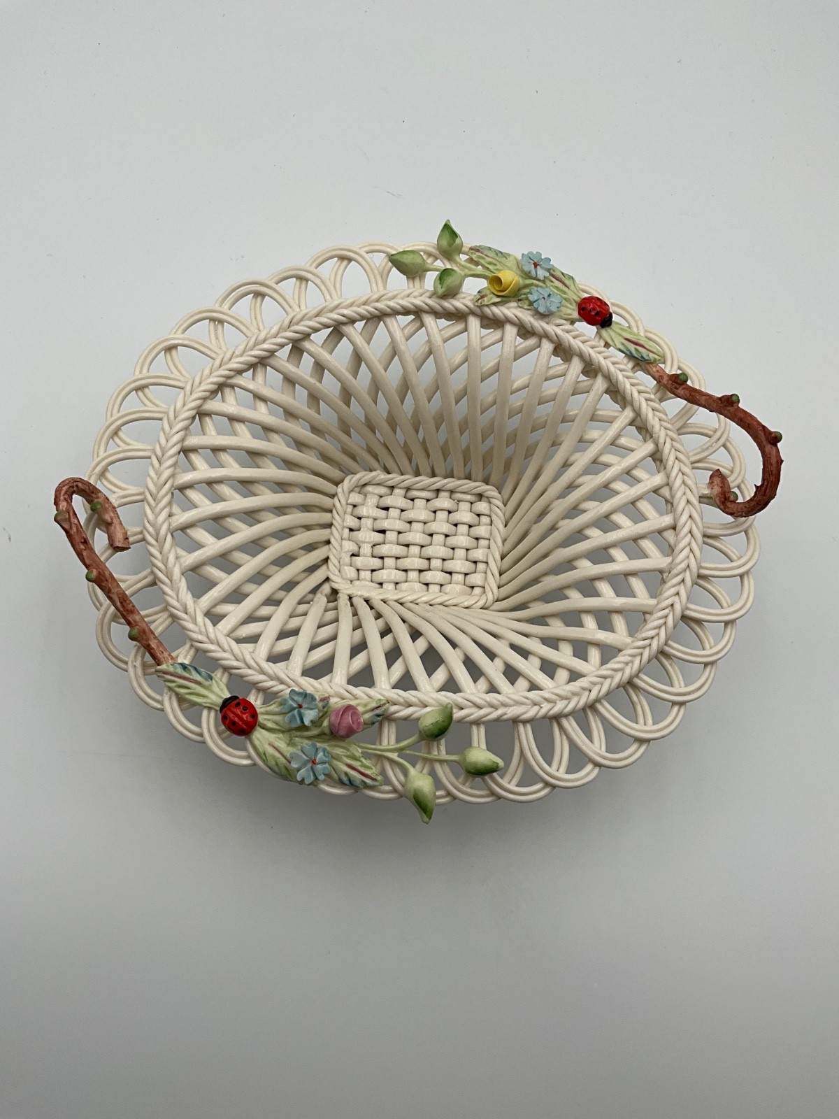 Belleek Collector Society Ladybug Basket Bowl Tulips & Blue Flowers Twig Handles