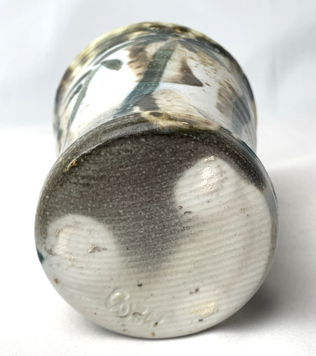 Studio Art Pottery Tumbler Vase Green Trees Leaves Nature Signed 4.75 inches