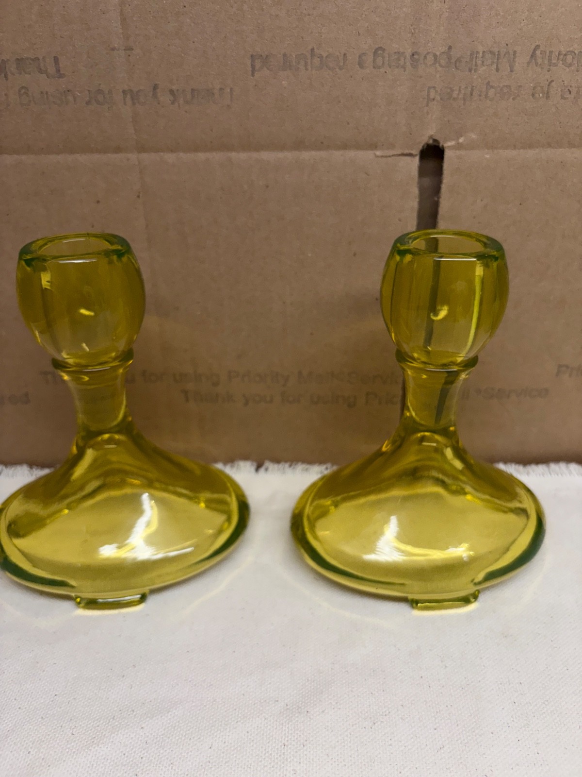 Vintage Fostoria candlestick pair URANIUM GLASS canary yellow vaseline