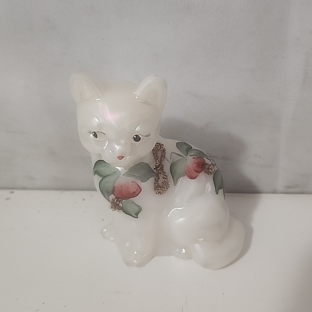 Fenton Opalescent Glass Cat Hand Painted, Signed, Floral Glitter Christmas