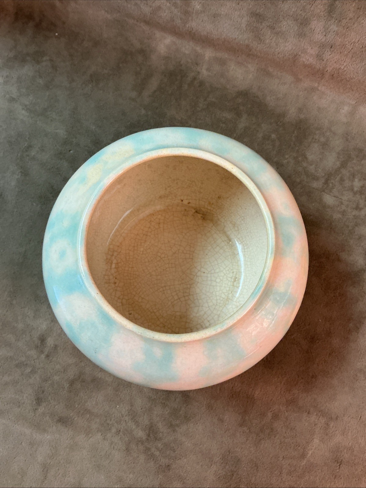 Vintage small Round art pottery Rose Bowl vase cream with green drip glaze