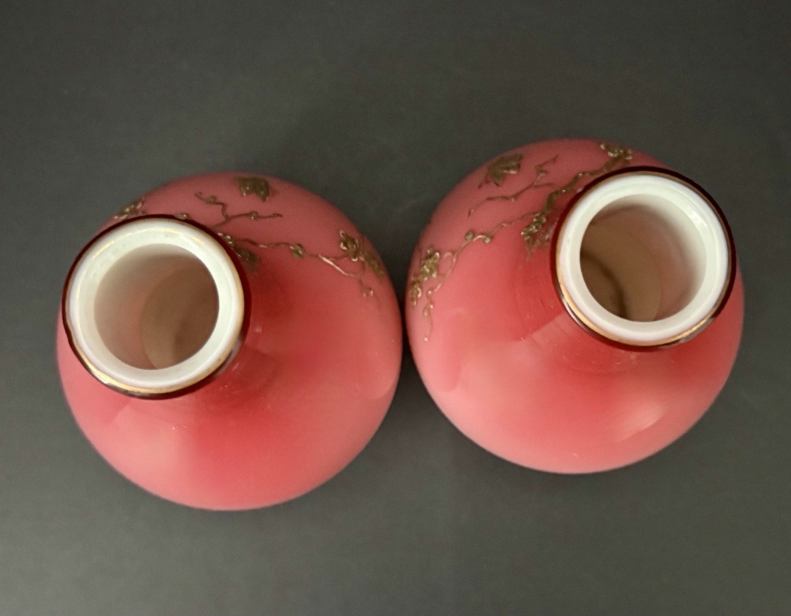 Pair Thomas Webb Peachblow Art Glass Rare Companion Vases Gilt Butterfly Nouveau