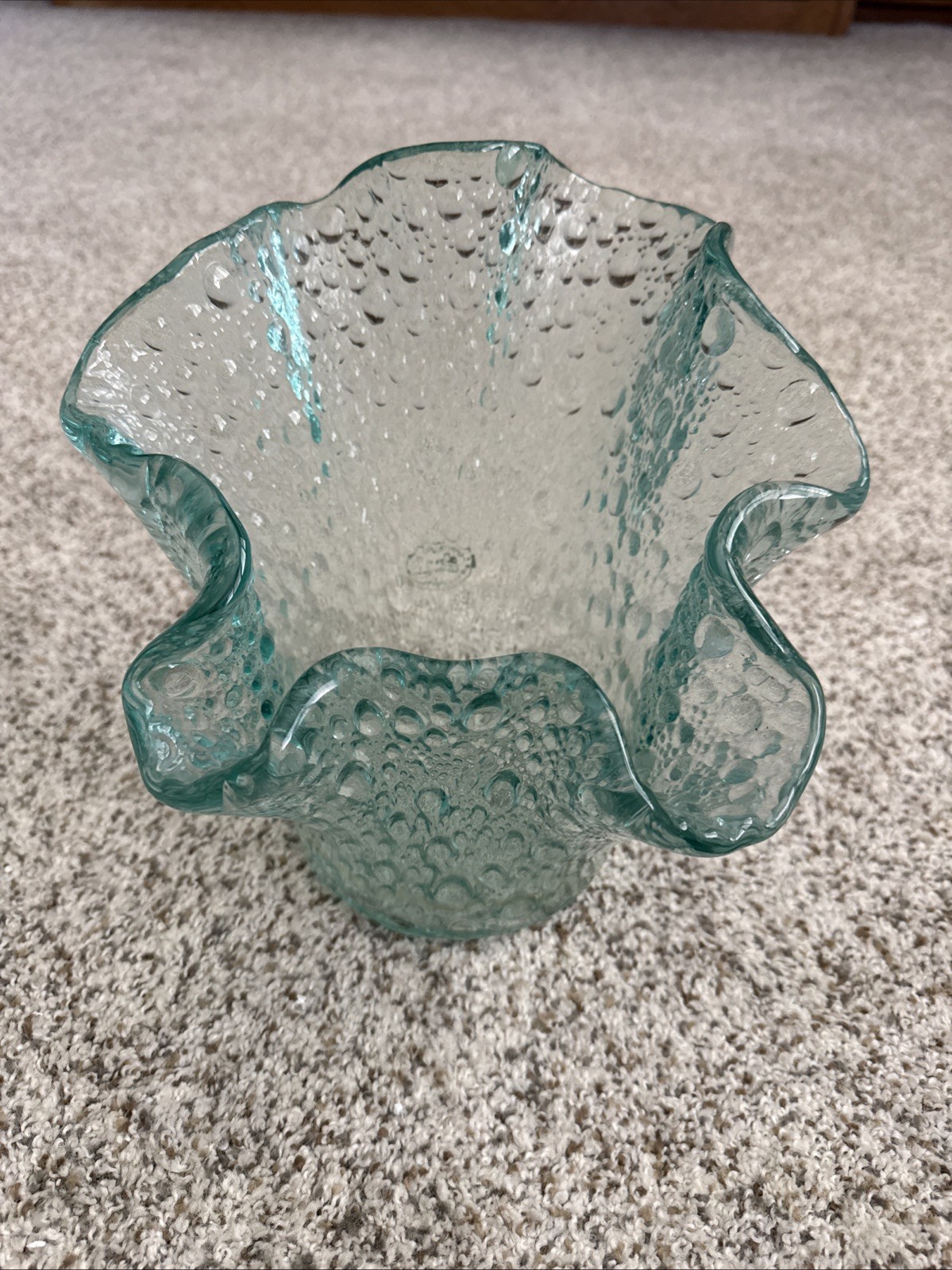 Murero Glass Aqua Textured Handkerchief Vase Handmade In Italy 10″ x 10.5″