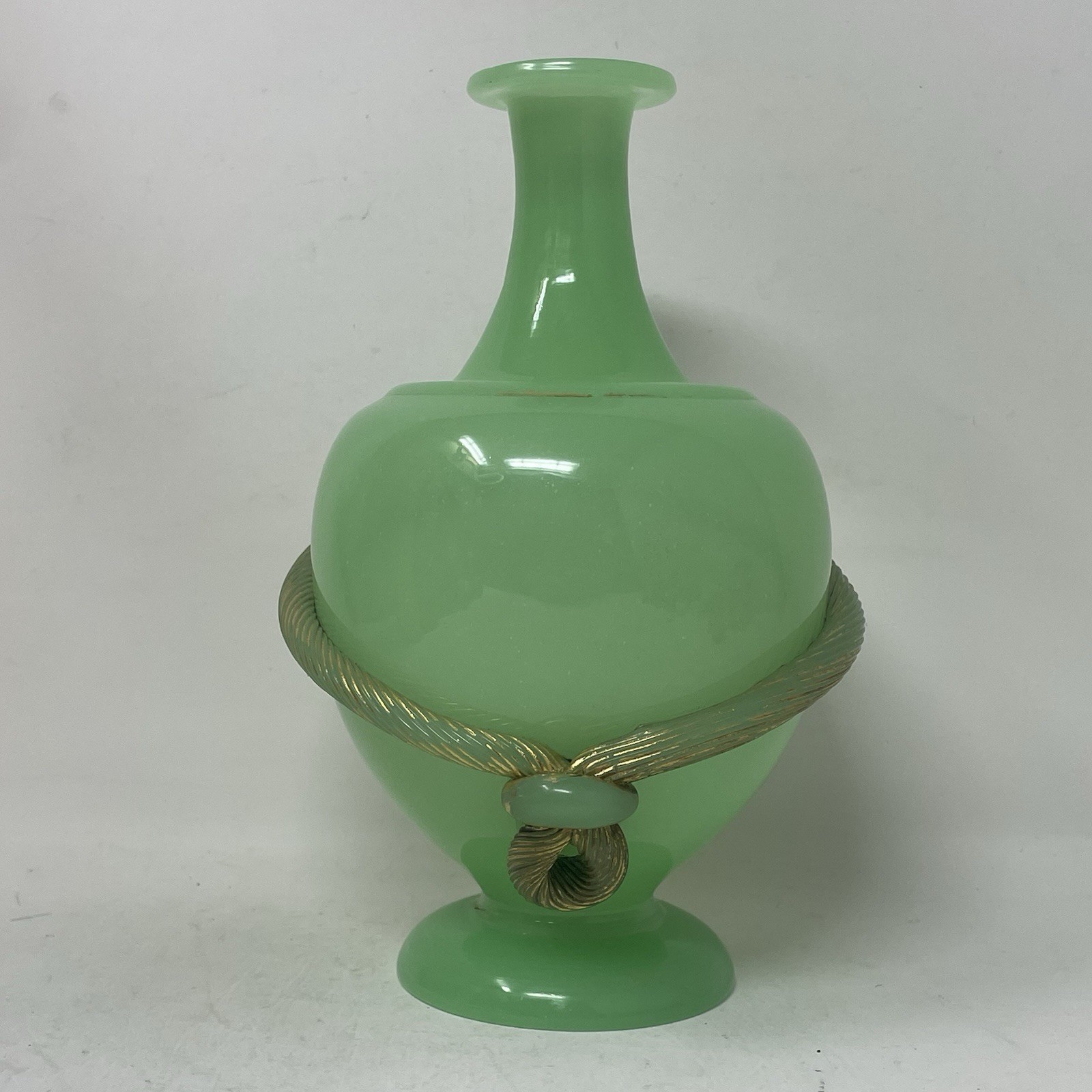 Vintage Harrach Bohemian Opaline Green Vase Cord Rope Design Egyptian Jadeite