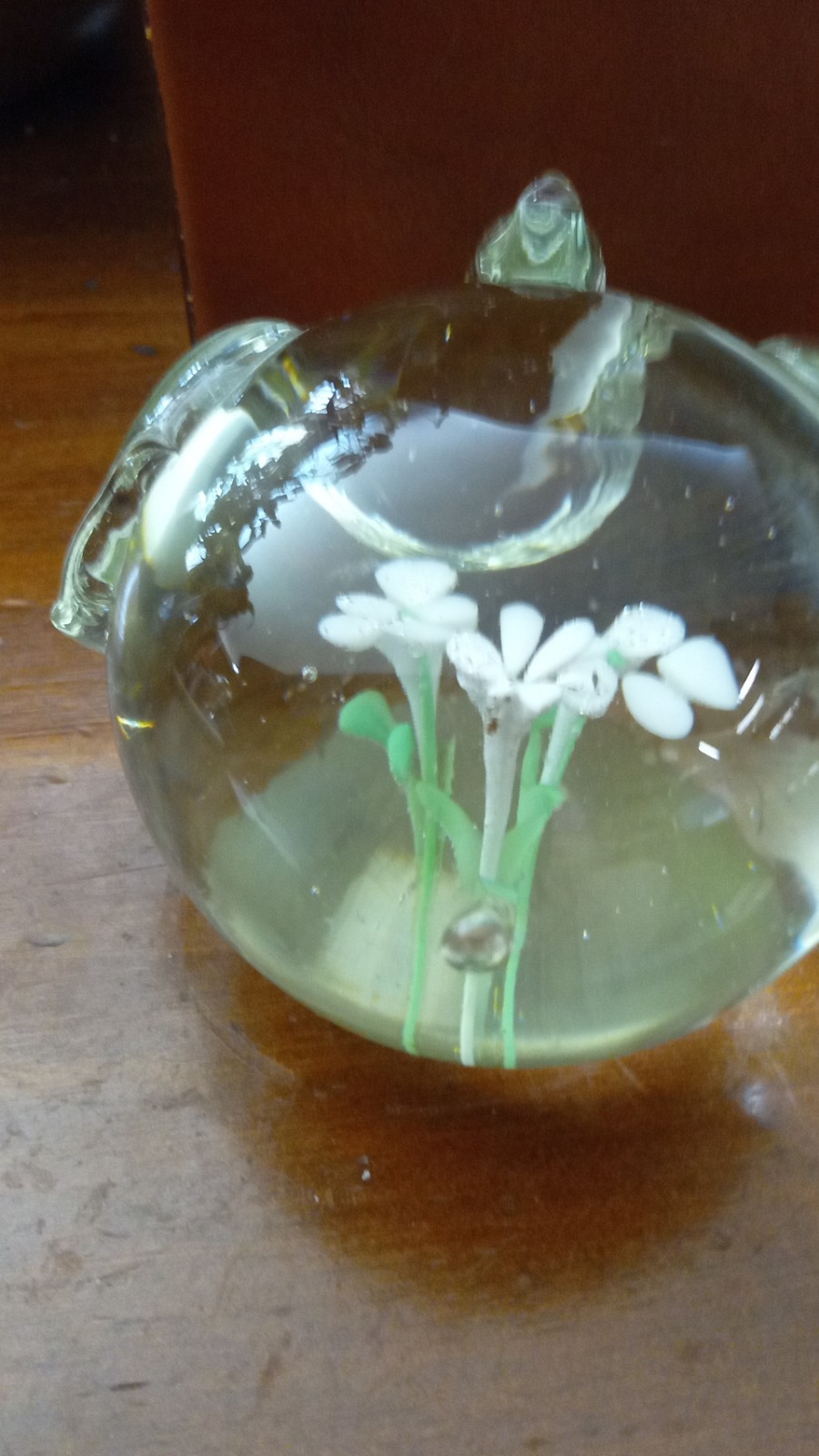 Glass Lampwork Floral Paperweight Clear White Green Glossy Decorative Art