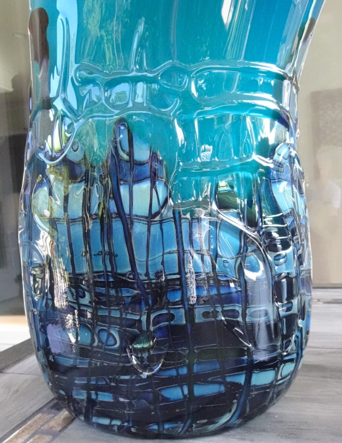 HEAVY! Large Signed 1997 BUMP Studio Art Glass Threaded Freeform Vase 10.5″