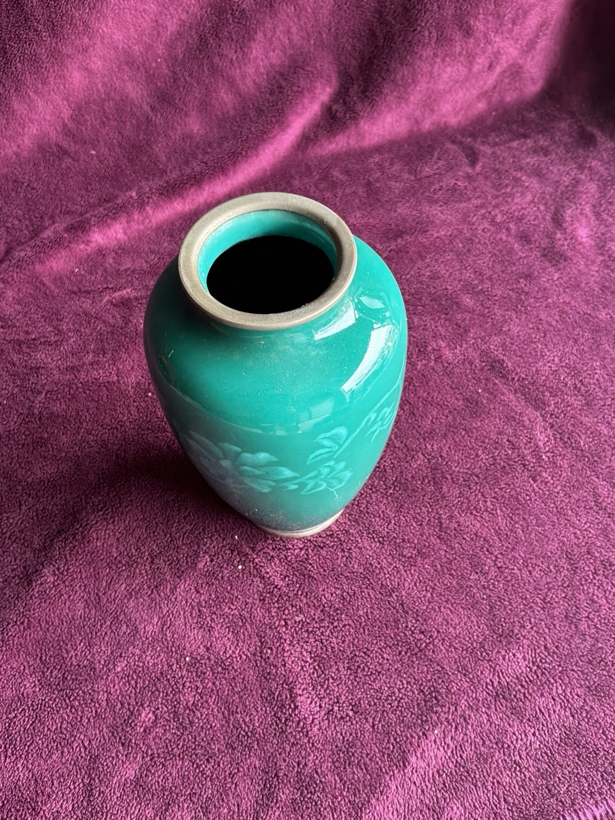 Vintage Sato Japan Turquoise Enamel Vase Floral Design Mid Century Bud Vase
