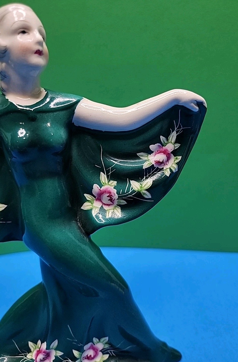 2 – 1930’s Porcelain Dancing Ladies In Floral Green Dress – Made In Japan