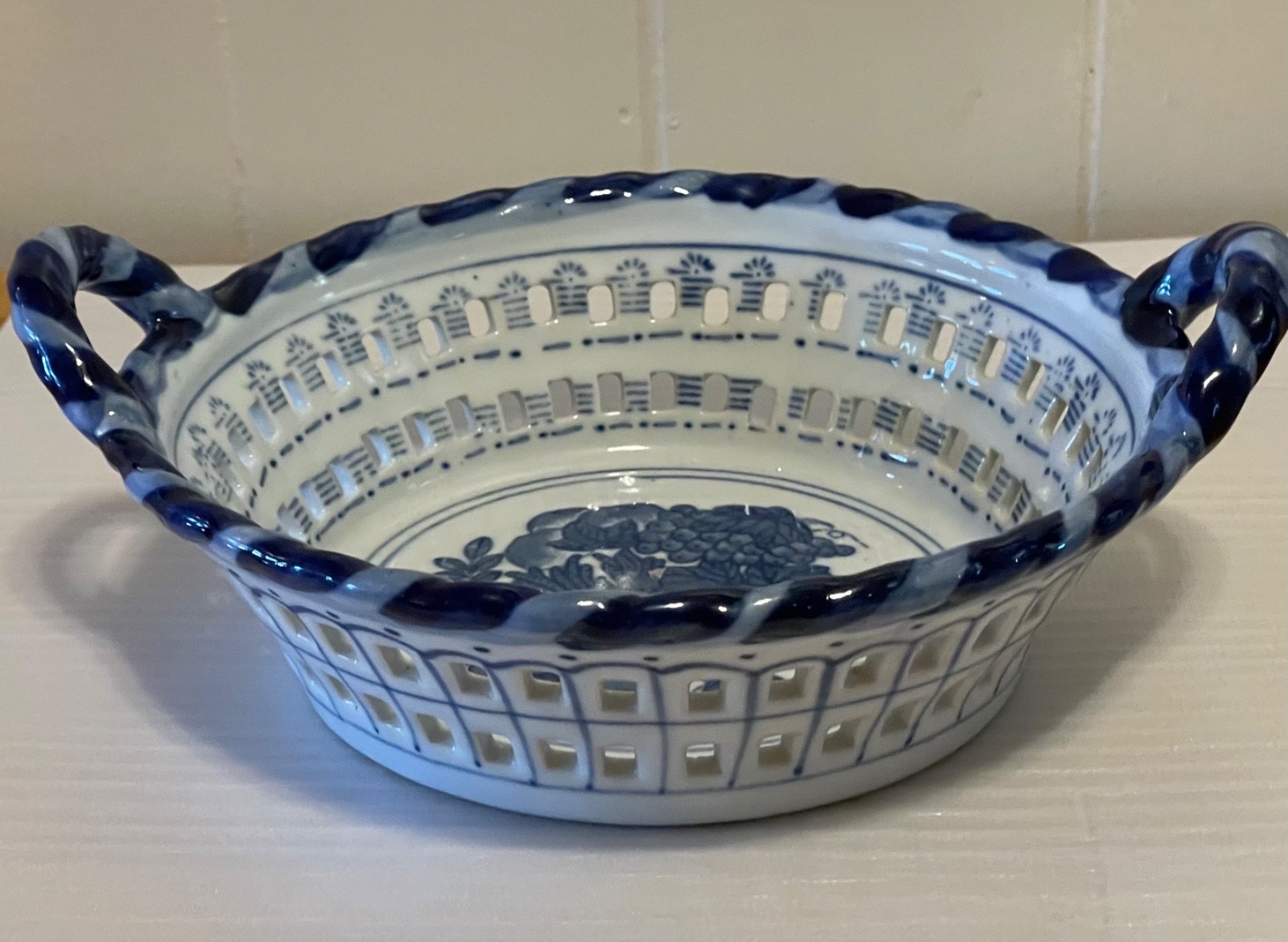 Ceramic Bowl Basket Lattice Fruit With Handles White Blue 8 Inch 64