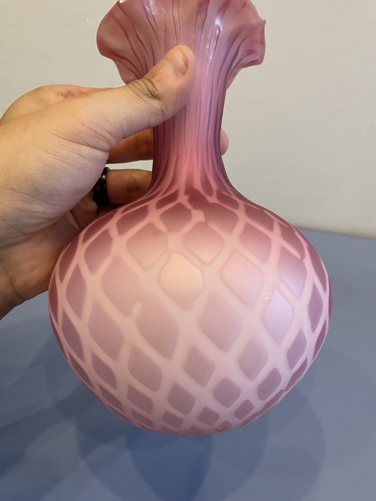 ANTIQUE Cranberry Opalescent Satin Quilted Mother Of Pearl Glass Vase 8″H