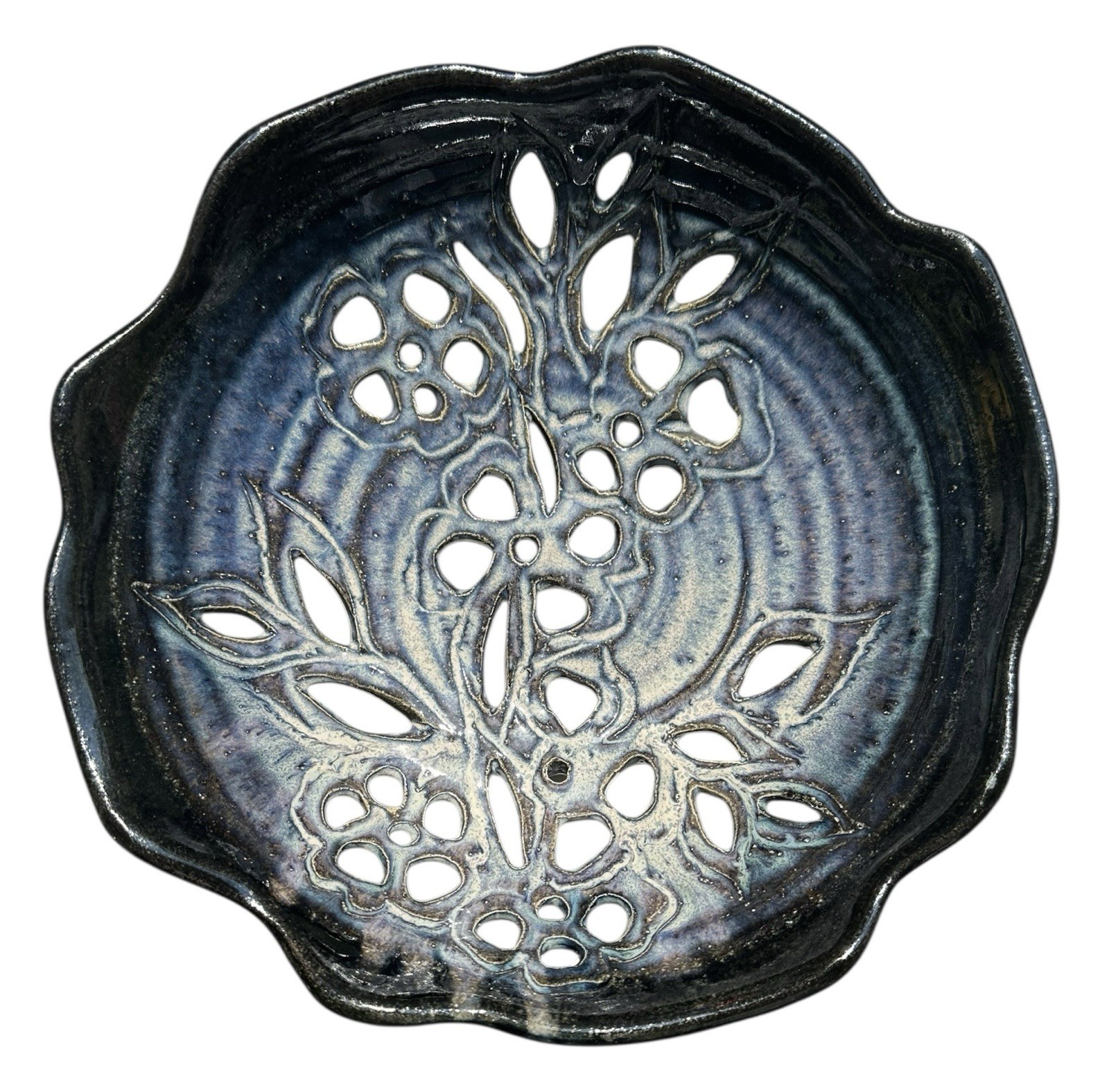 Studio Art Pottery Carved Fruit Bowl 10” Ceramic Decorative Beautiful Blue Tones