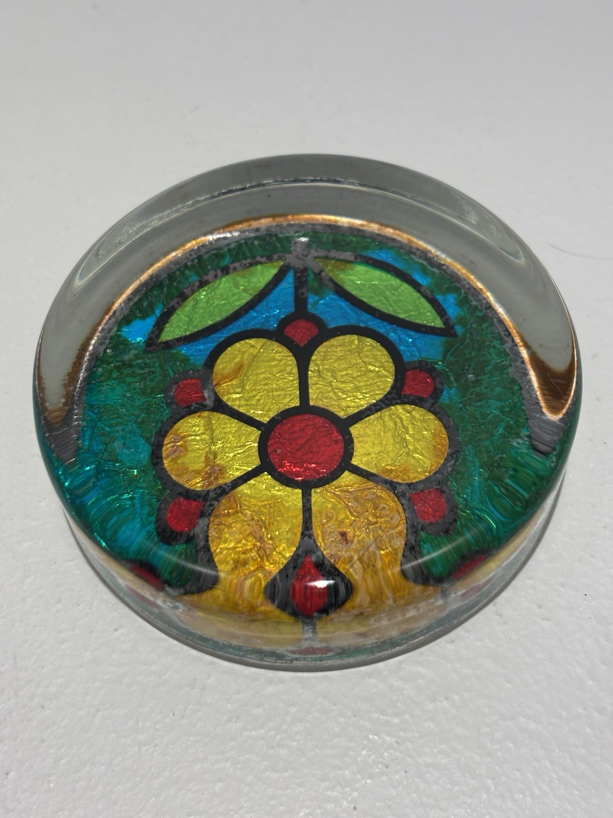 Vintage Flower Design Glass Paperweight Made In Japan with Sticker 3.0 Inches