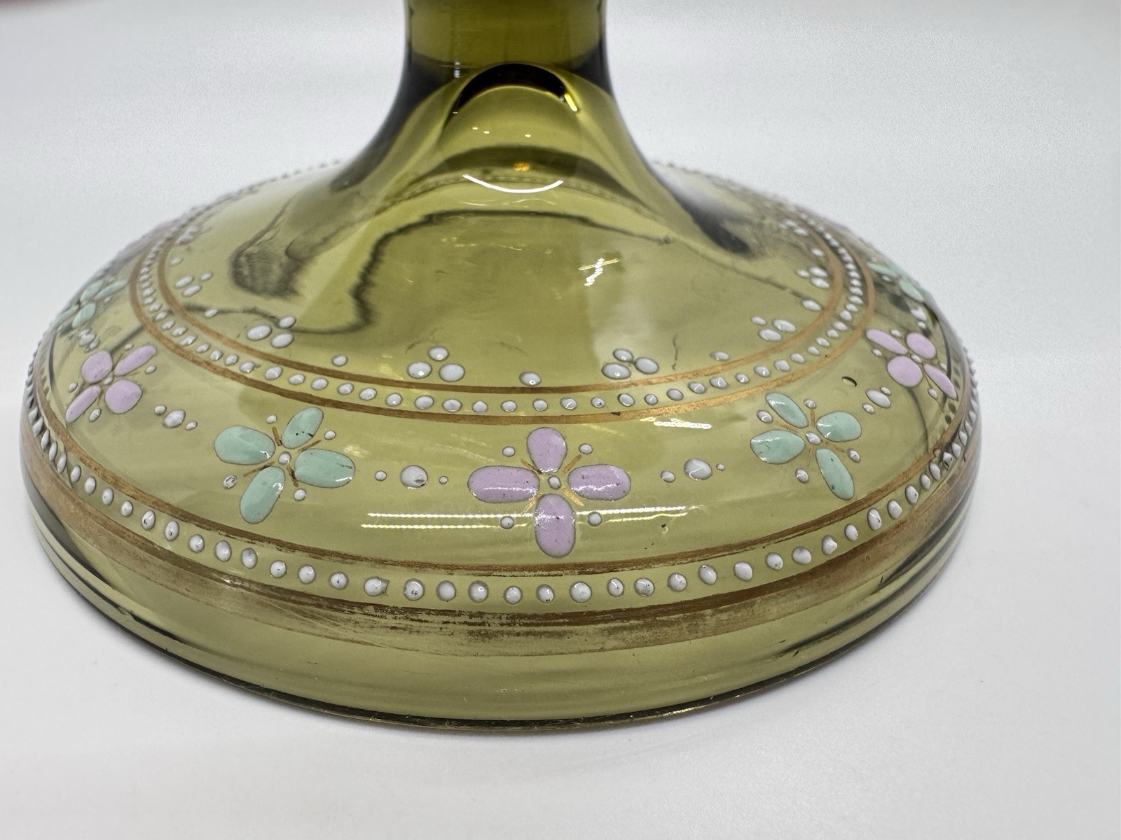 Antique Moser Art Glass Green Hunting Horn Gold Gilt Enamel 10.75″